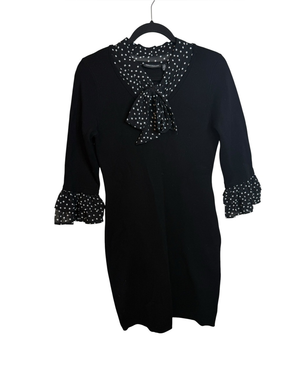 Nina Leonard Black Polka Dot Neck Tie Sweater Dress